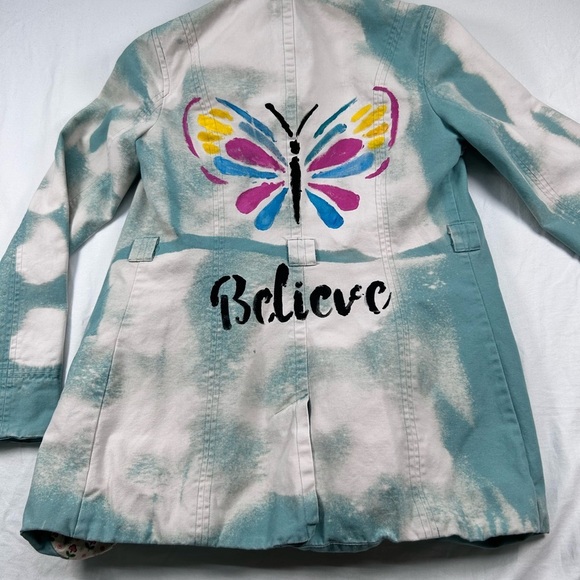 Handcrafted Viva Little Shop Jackets & Blazers - Moschino Custom Bleached Trench Jacket Butterfly “Believe” Hand Painted Coat S